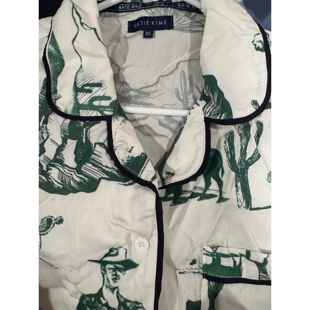 Katie Kime Marfa Toile Pajama Set Green White Cotton XS Short Sleeve and pants